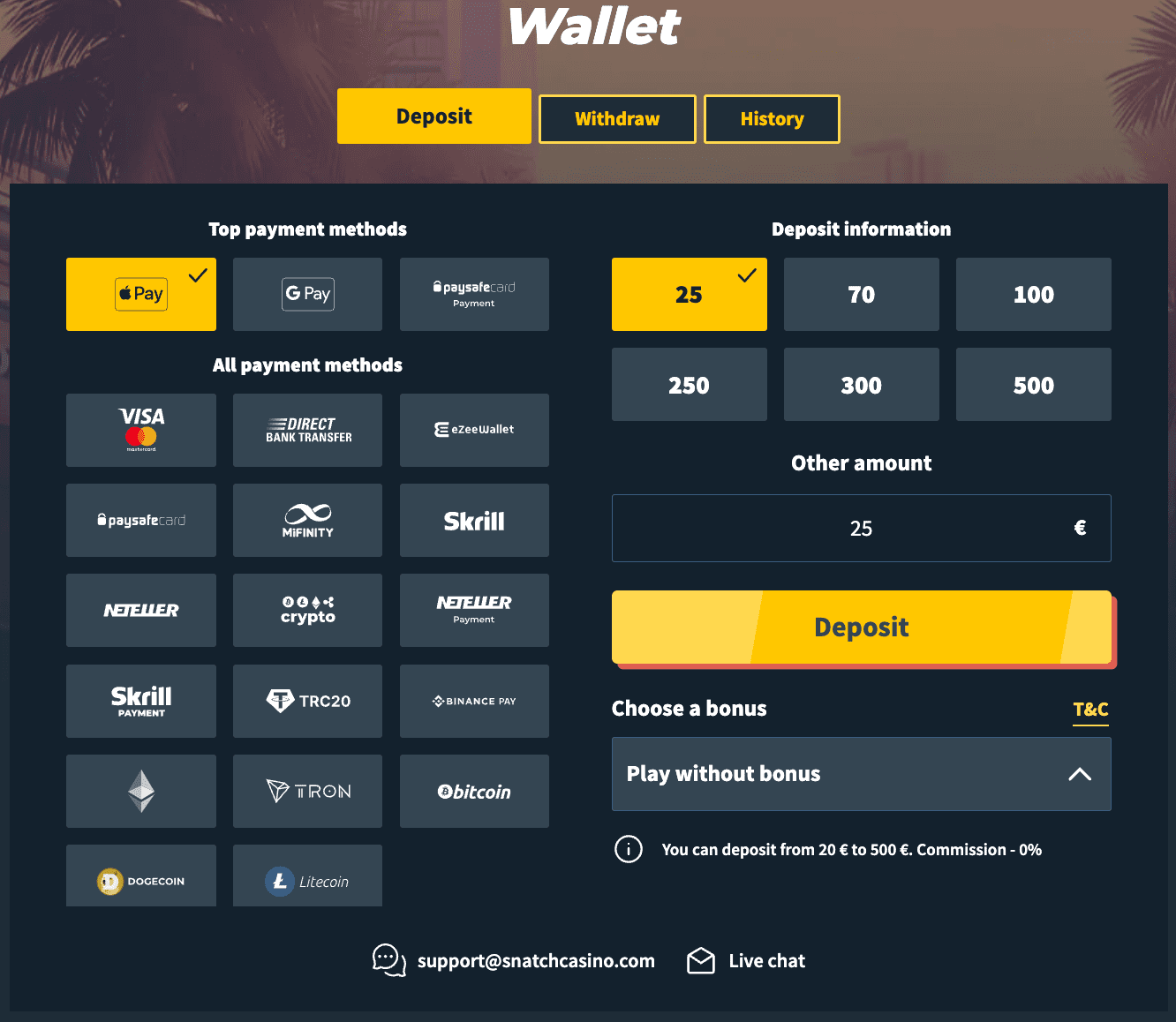 Snatch Casino deposit methods