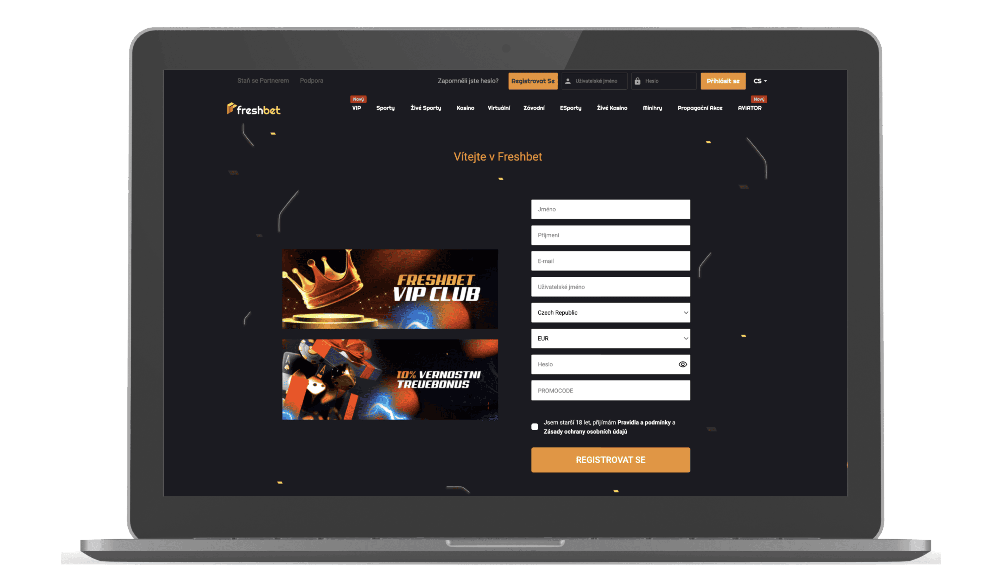 Registrace v online kasinu FreshBet